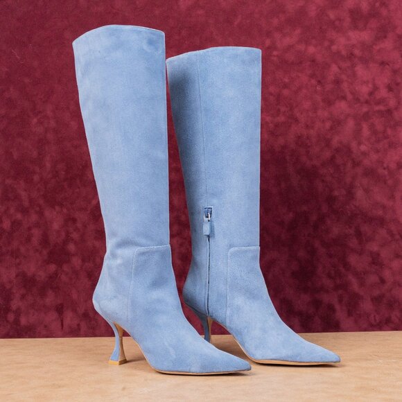 Stuart Weitzman Women Xcurve 85 Blue Suede Pointy Slouch Fashion Boots sz 8.5 - Picture 1 of 10